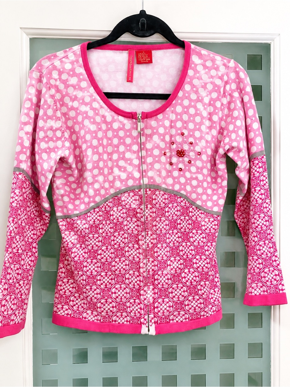 Charlotte Tarantola Pink Patterned Zip-Front Cardigan Lg
